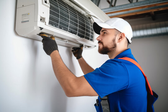 HVAC technician installing a mini split air conditioner in San Mateo