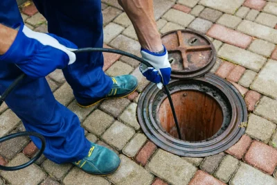 Plumber cleaning an outdoor sewer drain in San Mateo