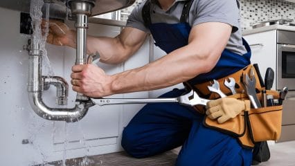 Plumber repairing pipes beneath a sink in San Mateo